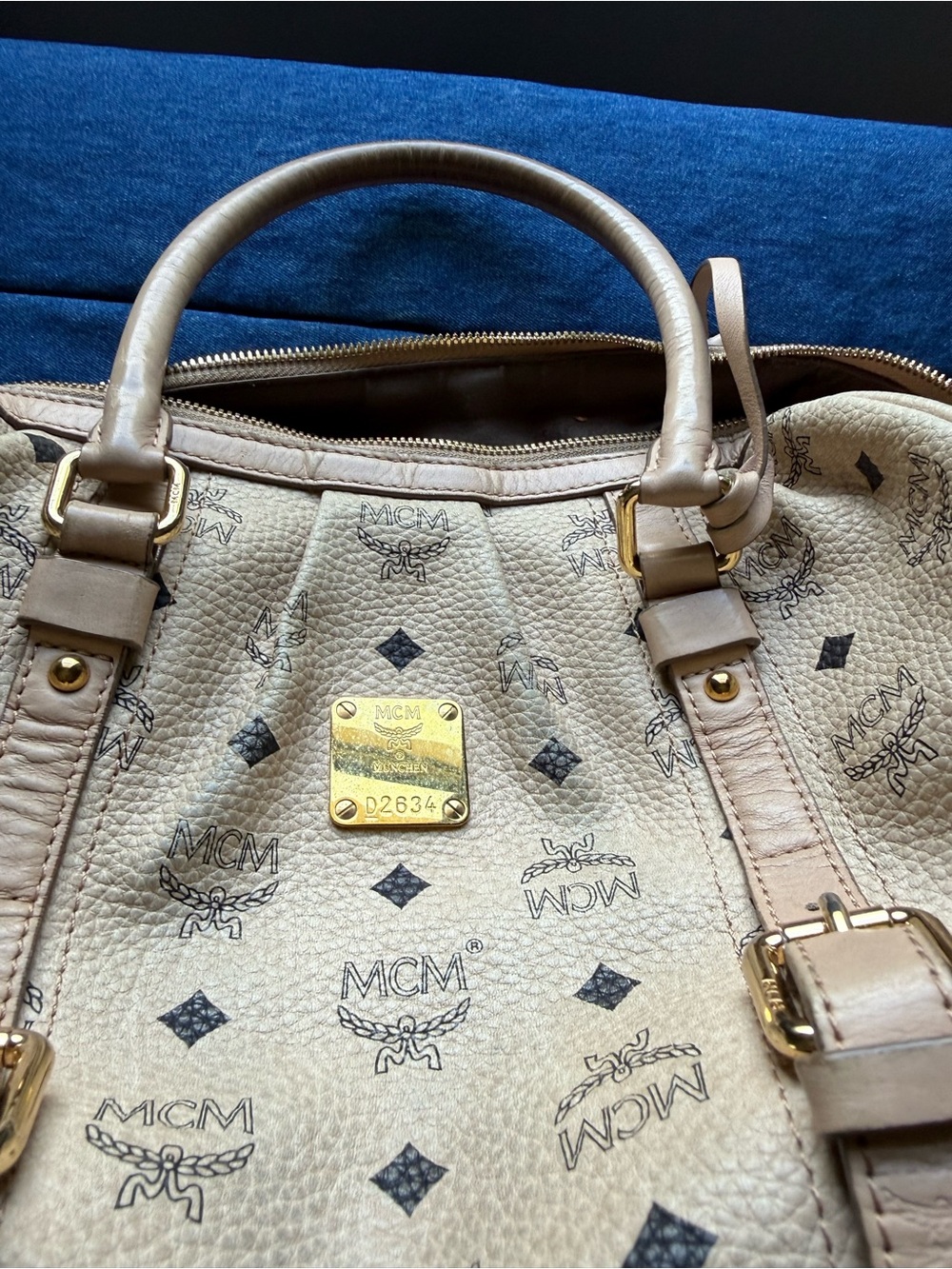 MCM Beige Monogram Satchel with Gold Plaque